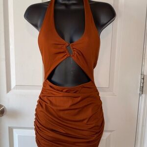 Oh Polly Halter Cutout Mini Dress in Rust